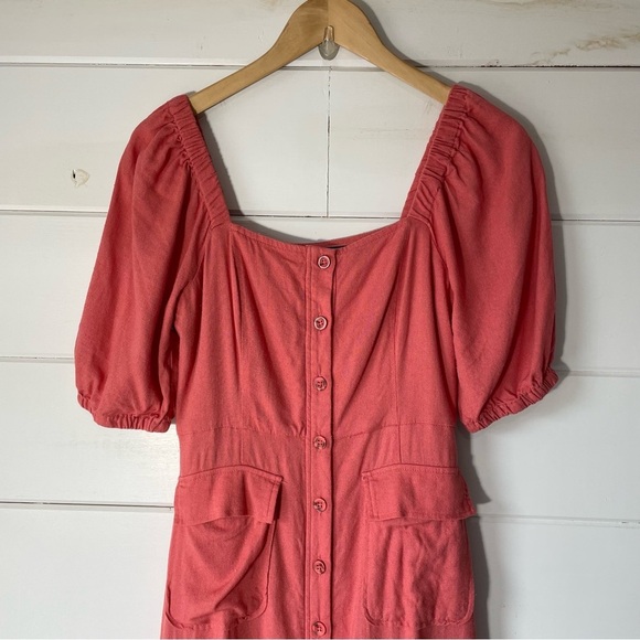 BCBGMAXAZRIA Fit and Flare Safari Midi Dress Salmon Pink Size 4‎ Puff Sleeves - Picture 4 of 9